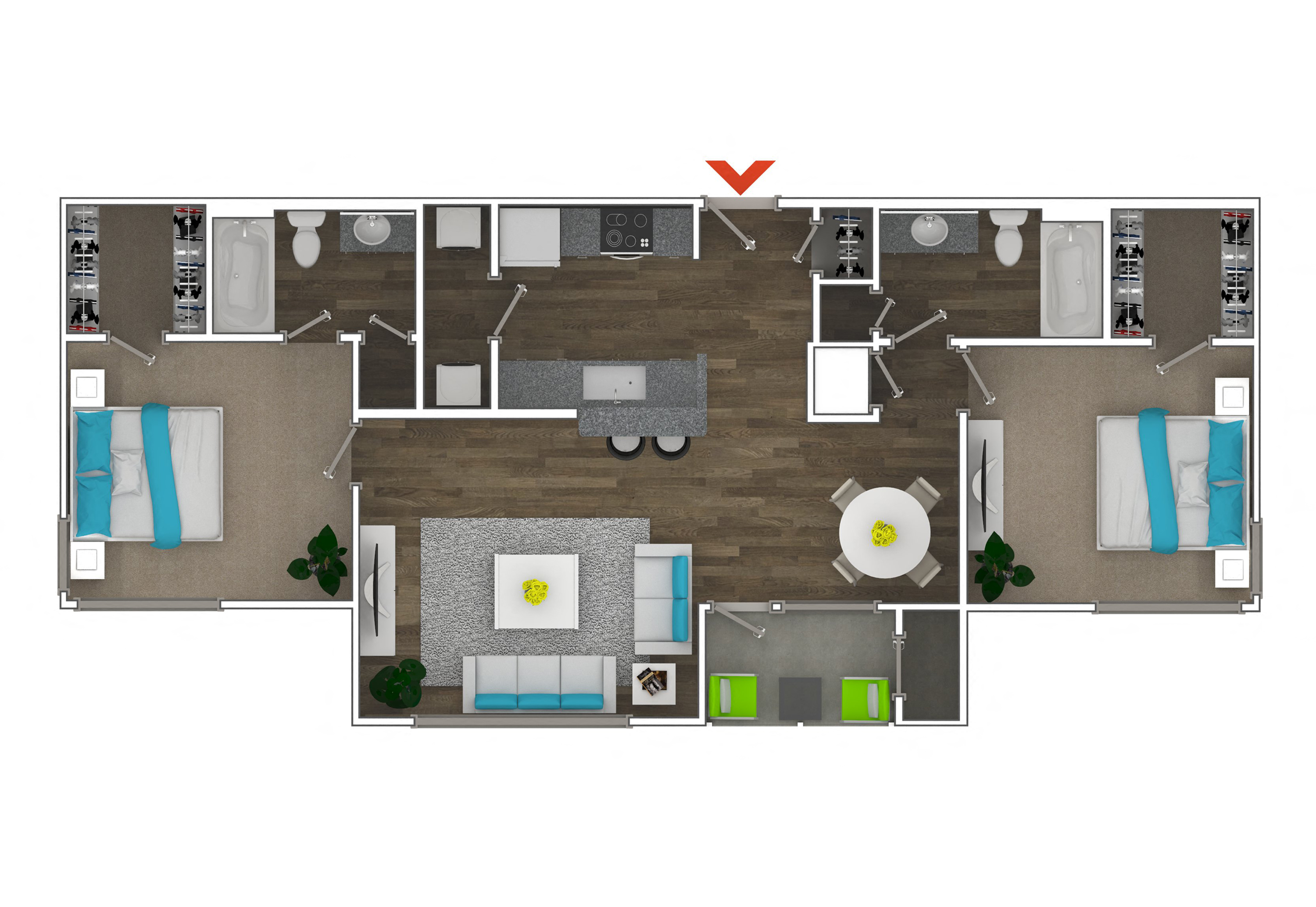 Floor plan for 2 beds, 2 baths, 1050 sqft